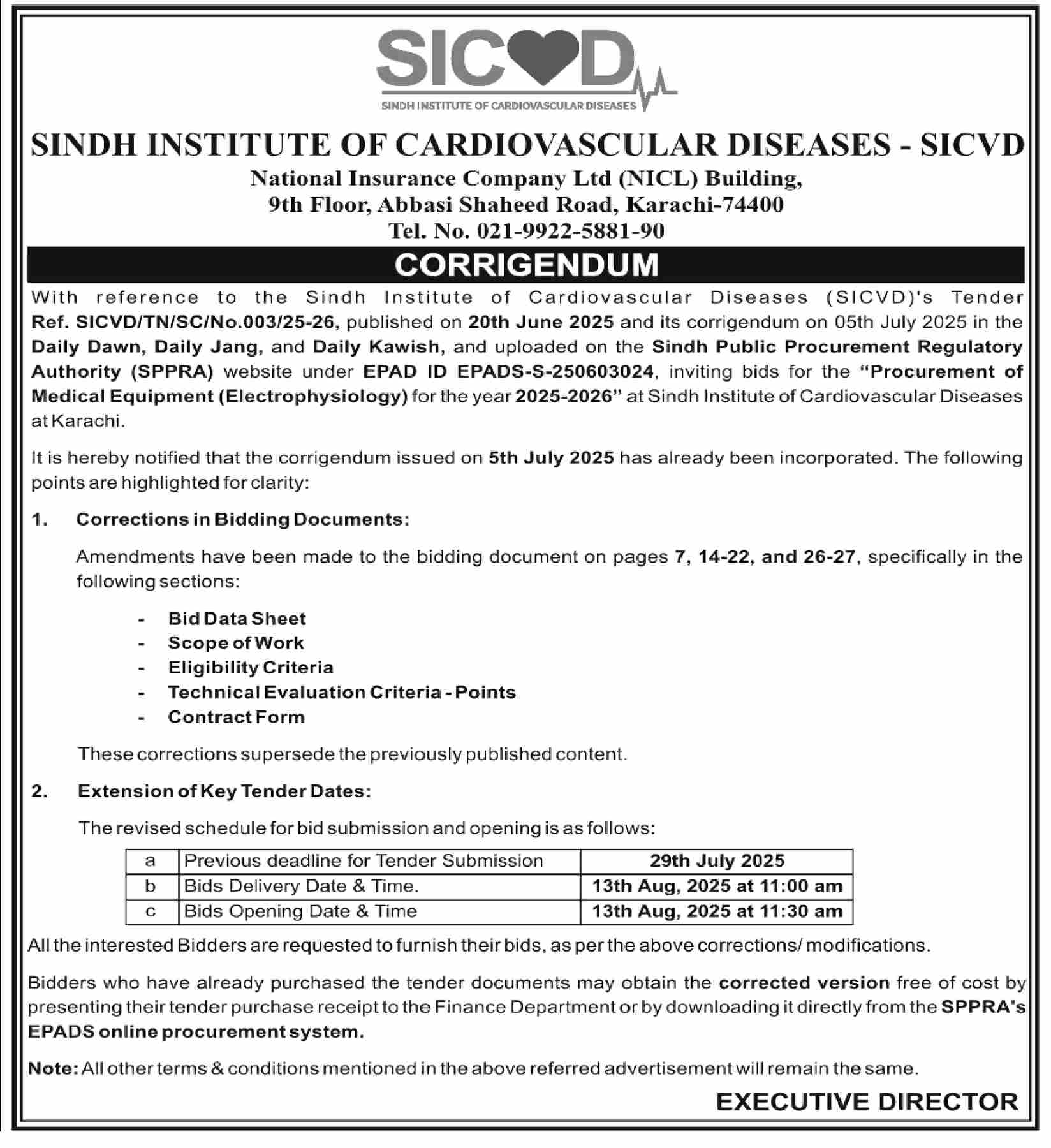 Sidh Institute of Cardiovascular Disease Karachi Tender Notice